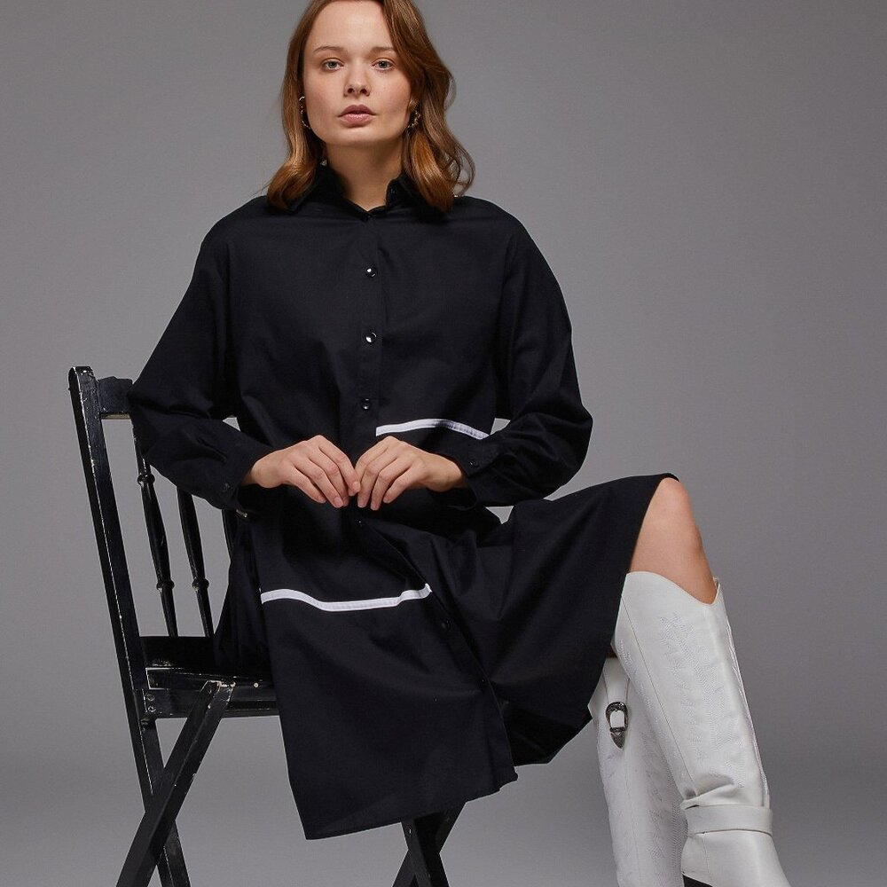Vor Nisantasi NWOT asymmetrical black white button down ruffle zip shirt dress L - Picture 5 of 16
